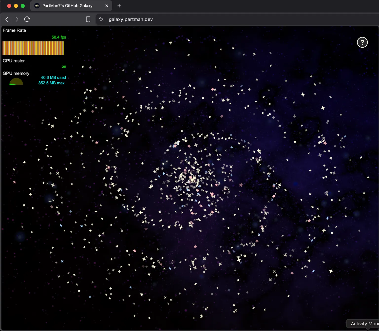 A debugging page with my galaxy, hitting 50fps
